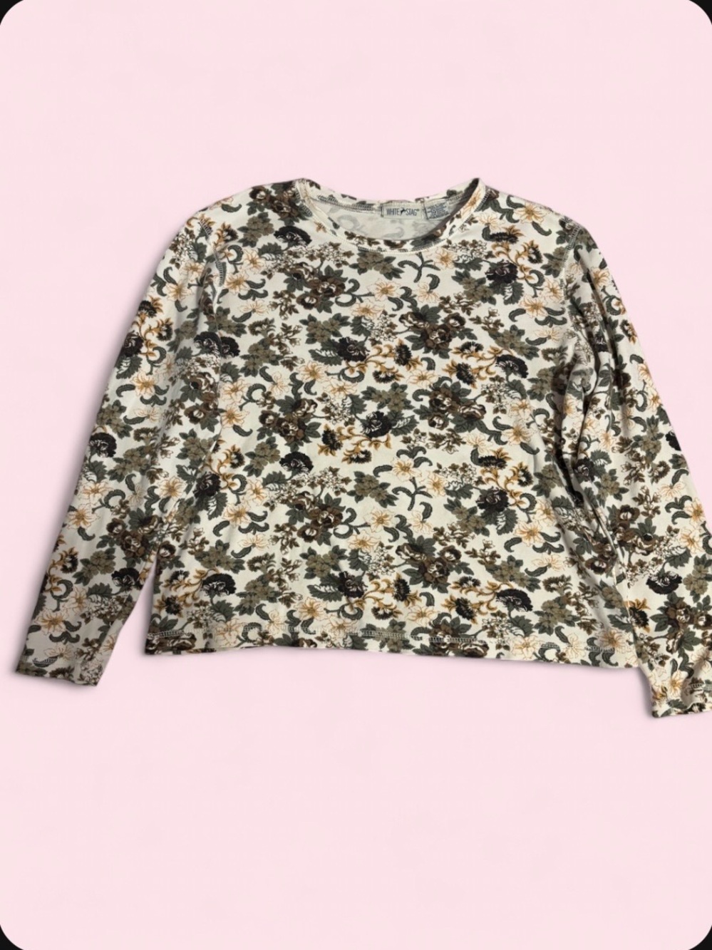 White Stag Floral Long-Sleeve Tee in Cream, Olive & Brown